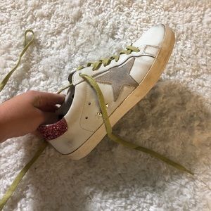 Golden Goose with pink sparkles and green laces!